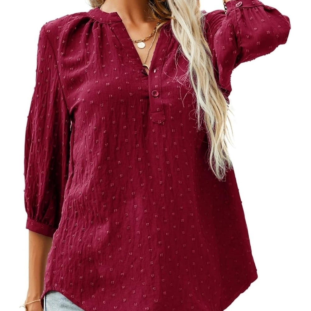 Lomon Womens Casual 3/ 4 Sleeves Henley V-Neck Button Up Pleated Back Blouse M